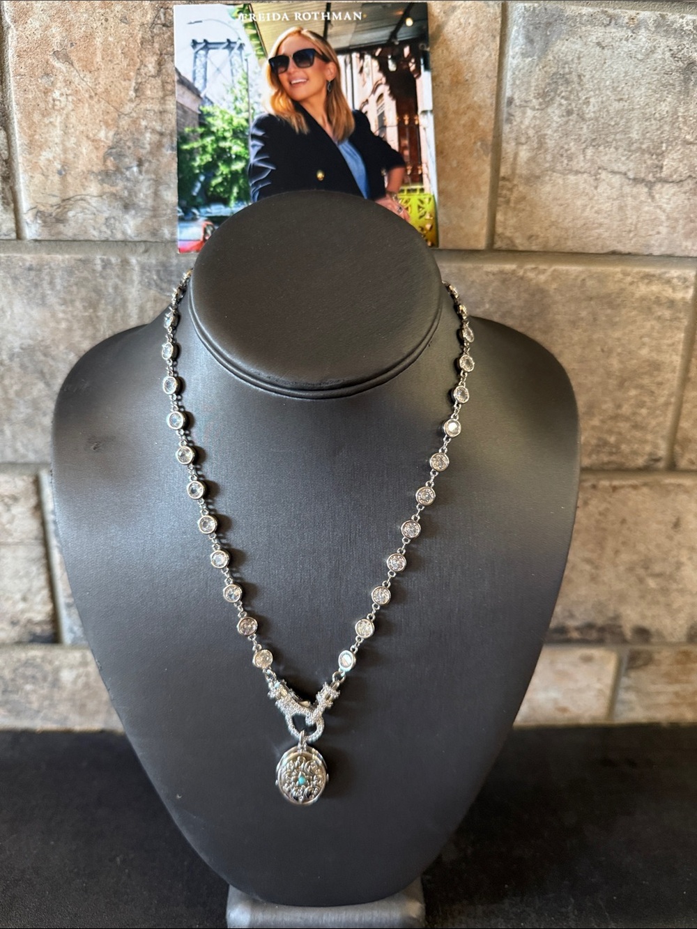 Freida Rothman Silver Crystal Pendant Necklace with Locket